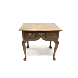 18th century oak lowboy, rectangular moulded top over three drawers with mahogany banded and box wood and ebony stringing, shaped apron, on cabriole supports, W79cm, H69cm, D61cm