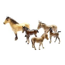 Beswick model of a Highland Pony No. 224, Beswick Donkey No. 2267A, Donkey Foal No. 2110 and two Beswick brown foals (5)