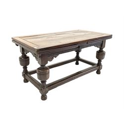 17th century and later oak duo draw leaf refectory table, the panelled rectangular top over moulded frieze and scroll carved brackets, raised on baluster turned supports united by moulded stretchers 149cm x 79cm, H77cm