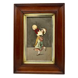 Italian Pietra Dura inlaid plaque depicting a continental woman playing the tambourine in double frame 24cm x 13cm