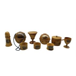 Group of Mauchline ware to include two string boxes for Ventnor from the Sea and Carlisle Castle from East, trinket box in the form of a saucepan and cover 'Deal from the Sea' and others (9)