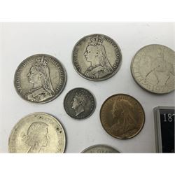 George IV 1826 shilling, two Queen Victoria 1890 crown coins, commemorative crowns and other coinage 