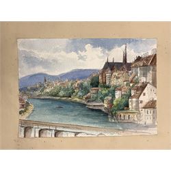 Album containing watercolours of Continental scenes, vintage photographs etc and various books
