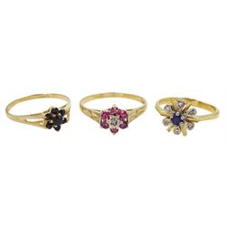 Gold diamond and sapphire cluster ring, stamped 18ct, gold sapphire cluster ring and a gold ruby and diamond cluster ring, both hallmarked 9ct