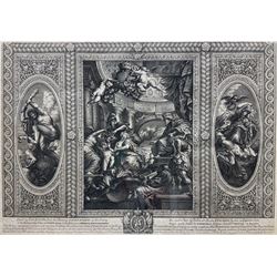 After Peter Paul Rubens (Flemish 1577–1640): 'The Apotheosis of James I -the Banqueting House Ceiling Whitehall', engraving with text beneath, pub. early 18th century 33cm x 47cm