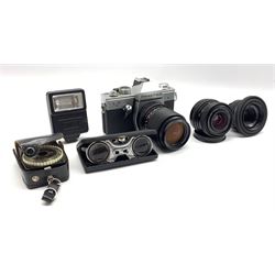 Praktica L2 camera with two Carl Zeiss lenses, Domiplan lens, folding binoculars and flash in Prinz bag 