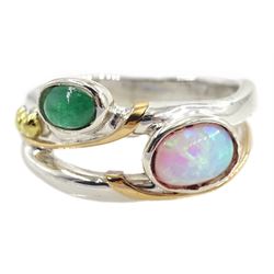 Silver and 14ct gold wire opal and emerald ring, stamped 925