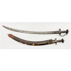 19th Century Indian Tulwar, the curved blade with engraved decoration, length of blade 63cm and another with plain blade