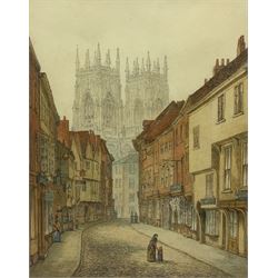 Circle of George Fall (British 1848-1925): View of York Minster from Petergate, watercolour signed 33cm x 27cm