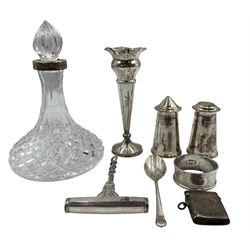 Pair of silver cylindrical condiments Sheffield1933, silver vesta case, corkscrew with Danish silver handle, serviette ring, small trumpet shape vase, teaspoon and glass scent flask with silver collar (8)