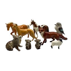 Pair of Beswick model horses, Palomino first version, Pinto pony second version, Fox 1016, Greyhound 'Jovial Roger', Kookaburra 1159, together with three Koalas (9)