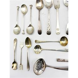 Five late Victorian silver fiddle pattern tea spoons Sheffield 1899, two early 19th century silver mustard spoons, silver scissor action sugar nips, sifting spoon and other small silver items 10.6oz