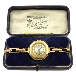 Early 20th century 9ct rose gold ladies manual wind wristwatch, London 1921, on rose gold expanding link bracelet, stamped 9ct, boxed