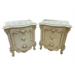 Silik Lo Stile Di Classe - pair Italian or baroque ivory painted bedside chests, fitted with three draws, each with moulded shell handles and scrolling, flanked by ionic column uprights with foliate scrolled apron and cabriole supports