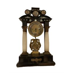 Austrian - mid-19th century 30hr Viennese mantle clock, in an ebonised case with shaped pediment, alabaster columns and cast brass capitals, three train spring driven movement sounding the quarters and hours on two gongs with pull repeat, gilt dial centre with a silver chapter ring inscribed with Arabic numerals and days of the month, with steel moon hands and a contrasting centre sweep date recording hand. With pendulum. 