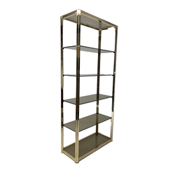 Mid century Hollywood Regency brass etagere with five inset frosted glass shelves