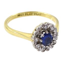 Gold oval sapphire and diamond cluster ring, stamped 18ct Plat