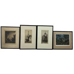 William Strang (Scottish 1859-1921): Museum of Santa Cruz - Spain, etching signed in pencil, initialled and dated 1913 in the plate; Leonard Howells (British 19th/20th century): 'The Belfry Bruges' and 'Bruges', pair etching signed and titled; Frederick Marriott (British 1860-1941): 'The Chateau at Dieppe', coloured etching signed and titled pub. 1918 together with interior Dutch scene etching max 30cm x 17cm together with three other pictures (8)