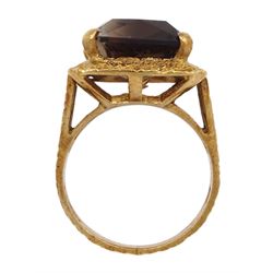 9ct gold single stone smokey quartz ring, with textured setting and shank, London 1972