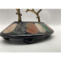 Pietra Dura oval pen tray inlaid with malachite, fossilised coral and other specimen stones, featuring bronze rests of branch form L17cm