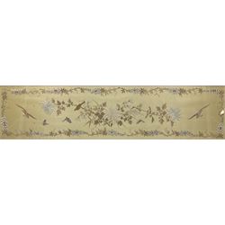 Chinese School (19th/20th century): Birds and Butterflies in Foliate Border, embroidery on silk 36cm x 153cm