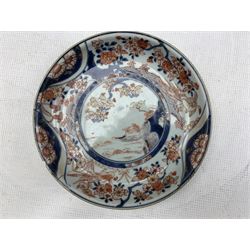 Pair of Japanese Imari vases with floral decoration on blue and white glaze H24cm, Imari charger with floral panels (31cm) together with small plate (4)