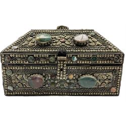 Indian Vizagapatam style box, decorated with wirework scrolls and hardstones L31cm
