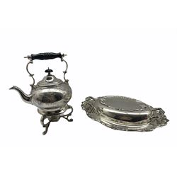 Early 20th century silver-plated spirit kettle with floral chased decoration and ebonised turned handle, together with a silver-plated entree dish marked Towle (2)