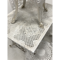 Victorian style white painted aluminium garden table, rectangular pierced top over shaped apron, raised on cast floral supports and stretcher, (94cm x 63cm, H70cm) together with a similar set of four garden chairs, (W40cm)