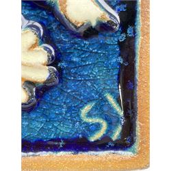 Svend Aage Jensen for Soholm pottery, a rectangular stoneware relief wall plaque decorated with flowers on blue glazed ground, no. 3555, 75cm x 15cm 