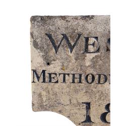 19th century carved red sandstone wall mounted plaque inscribed 'Wesleyan Methodest Chapel 1822'