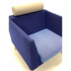 Ettore Sottsass (founder of Milano Memphis) for Knoll - Postmodern Eastside armchair, upholstered in blue and cream, raised on tubular grey supports