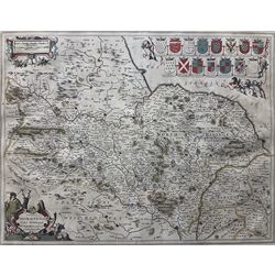 Johannes Janssonius (Jan Jansson) (Dutch 1588-1664): 'Ducatus Eboracensis Pars Borealis - The North Riding of Yorkshire', engraved map with hand-colouring pub. c.1646 with French text book plate verso 39cm x 50cm