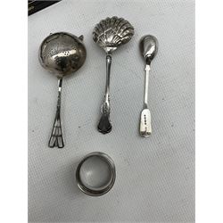 Set of six silver coffee spoons Birmingham 1939, cased, silver spoon and pusher, two silver sifting spoons, silver christening spoon and fork, serviette ring, condiment spoon and sugar tongs 9.7oz