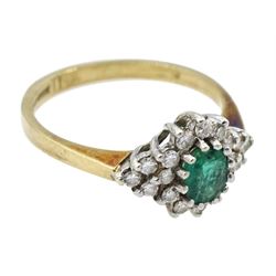 9ct gold oval emerald and diamond cluster ring, hallmarked