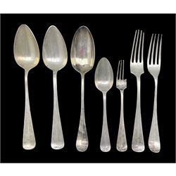Pair of Dutch silver table spoons marked for Voorschoten, matching fork and four other pieces of Dutch cutlery 12.4oz