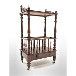 Victorian mahogany Canterbury whatnot, half galleried pierced top raised on turned supports over two division magazine rack,  one drawer under, raised on ceramic castors, W61cm, H109cm, D39cm