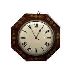 Mid-19th century mahogany veneered eight-day four-pillar single fusee wall clock in an octagonal case with and brass inlay, 12” circular painted steel dial pinned directly to the dial, with roman numerals and minute track, matching steel spade hands and brass bezel with a flat glass, with pendulum adjustment door and movement door. With Pendulum & winding key and case key.  

