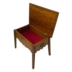 20th century oak sewing box, the lifting lid with needle work, raised on square supports W62cm, H53cm, D40cm 