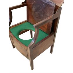 George III mahogany night commodes, bow-front hinged top over the lift-over seat compartment, raised on square supports (W55cm D47cm H73cm); together with another similar (W58cm D48cm H80cm)