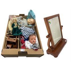 Vintage dolls and doll clothing, hand carved dolls furniture, sheepskin hat, mid 20th century ladies purse with silver-plated expanding mount, Small wooden swing mirror  etc in one box