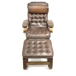 Mid to late 20th century armchair, upholstered in distressed buttoned brown leather, raised on bentwood supports, bearing 'Made in Norway' label (W78cm) together with a matching footstool (W59cm) 
