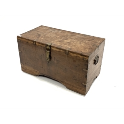  Northern Indian teak performers chest, the metal bound exterior decorated with inlaid brass detail and carry handle to each end, hinged lid revealing interior fitted with carved wooden cupboards, lift out trays, raised on recessed wooden wheels, W80cm, H44cm, D48cm  