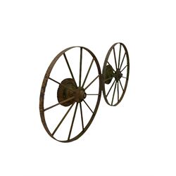 Pair of iron wheels by Blackstone & Co, Stamford, Lincolnshire H125cm 