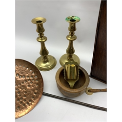 Georgian oak candle box, H48cm, 18th/ 19th century wrought iron and copper skimmer, pair of brass candlesticks, treen pastry wheel, etc 