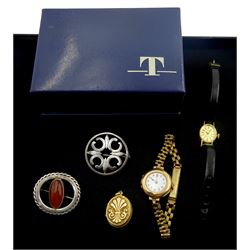 Scottish silver stone set brooch by Ola M Gorie, one other silver brooch, 15ct gold locket pendant, Tissot ladies9ct gold manual wind wristwatch and an early 20th century 9ct gold ladies wristwatch, on gilt strap