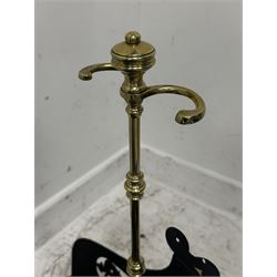Victorian style cast iron and brass framed fire fender with pierced acanthus gallery and brass implement stands, L113cm together with a 19th century pierced brass fire fender of curved rectangular design, L108cm etc 