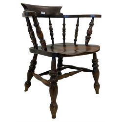 19th century elm and ash captains smokers bow chair, spindle tub shaped back over saddle seat, raised on turned supports united by double H-stretcher