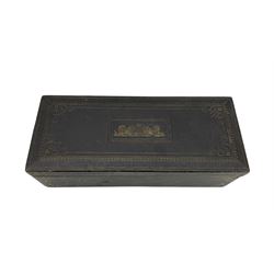 Victorian brown leather correspondence box, the hinged sloping cover inscribed in gilt 'South Dressing Room', covered in tooled cross-hatched leather with shield-shaped escutcheon L23cm, a Victorian satinwood and rosewood crossbanded correspondence box with mother of pearl plaque engraved 'Envelopes', L21cm and a 19th century tooled and gilt leather rectangular box, hinged cover with Royal coat of arms (3)
