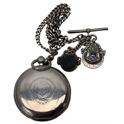 Gentleman's Victorian silver pocket watch with white dial and subsidiary seconds dial in silver case Chester 1893 with silver watch chain hung with a swivel seal and fob and various watch keys, and a compensated pocket barometer by Knott & Co., Liverpool (2)
